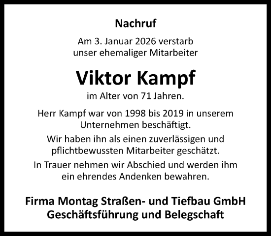 Traueranzeige von Viktor Kampf von Neue Westfälische und Westfalen-Blatt