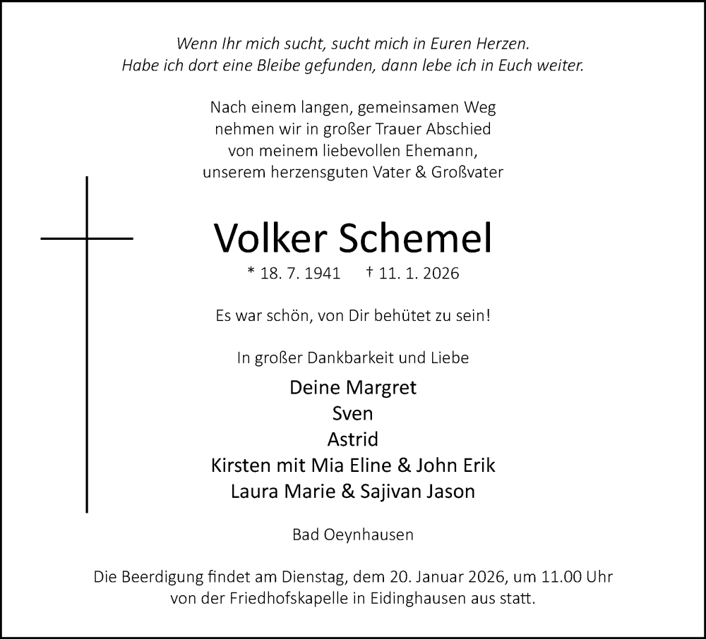  Traueranzeige für Volker Schemel vom 17.01.2026 aus Neue Westfälische und Westfalen-Blatt