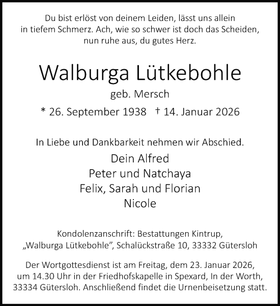 Traueranzeige von Walburga Lütkebohle von Neue Westfälische und Westfalen-Blatt