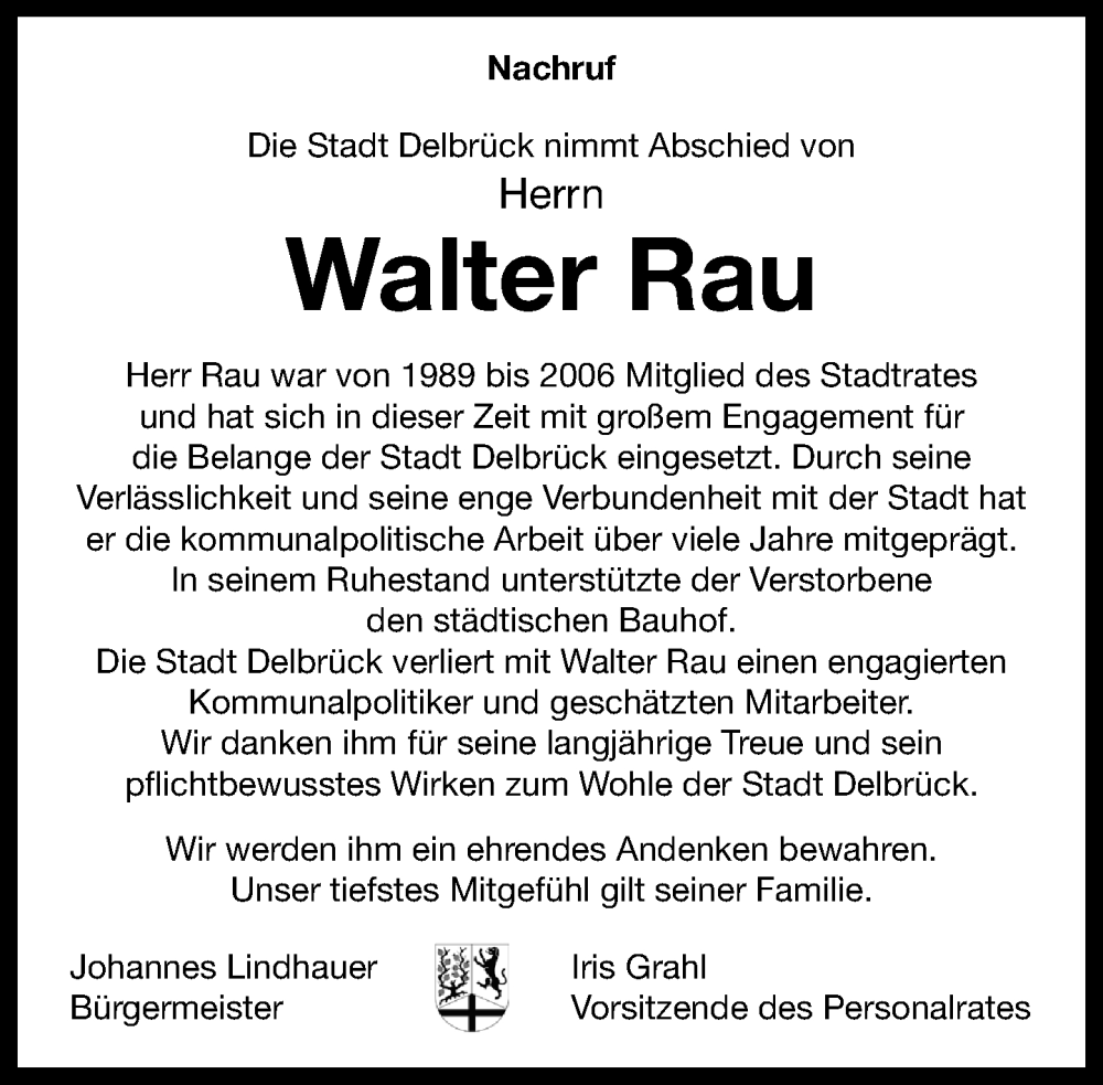  Traueranzeige für Walter Rau vom 31.01.2026 aus Neue Westfälische und Westfalen-Blatt