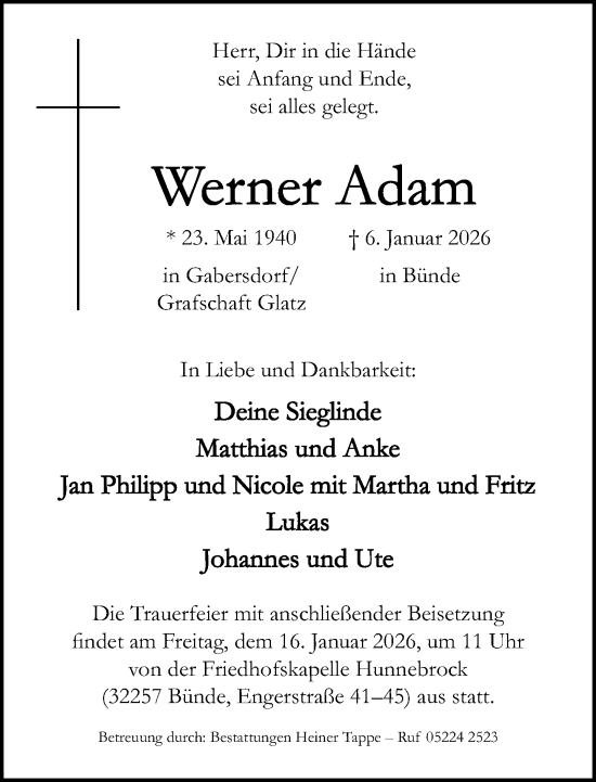 Traueranzeige von Werner Adam von Neue Westfälische und Westfalen-Blatt