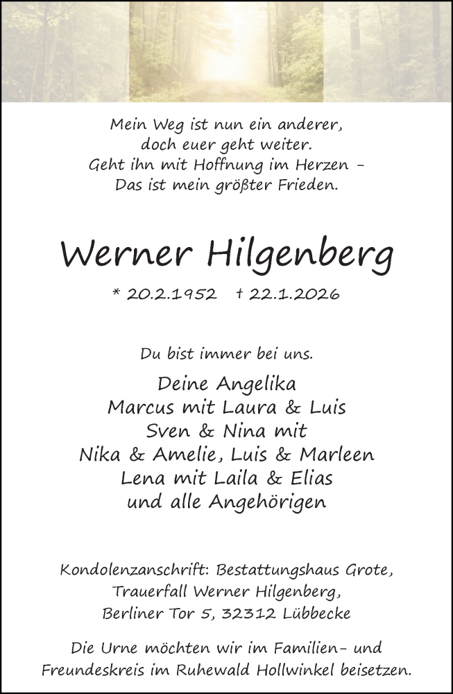  Traueranzeige für Werner Hilgenberg vom 31.01.2026 aus Neue Westfälische und Westfalen-Blatt