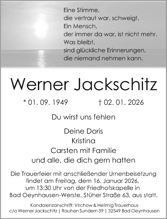 Traueranzeige von Werner Jackschitz von Neue Westfälische und Westfalen-Blatt