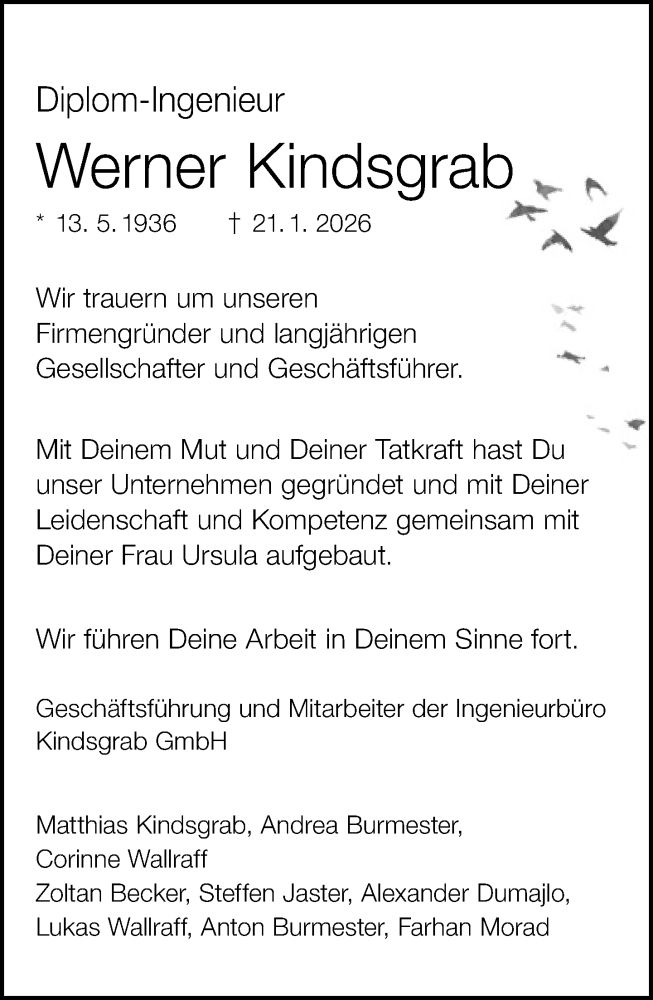  Traueranzeige für Werner Kindsgrab vom 31.01.2026 aus Neue Westfälische und Westfalen-Blatt