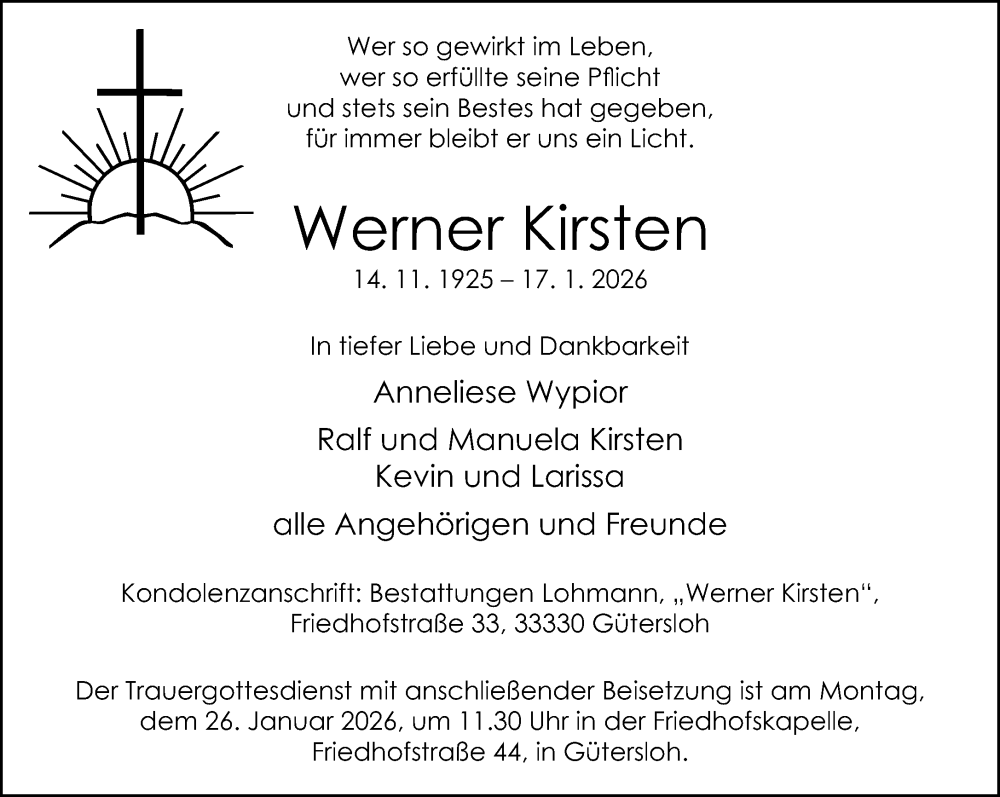  Traueranzeige für Werner Kirsten vom 21.01.2026 aus Neue Westfälische und Westfalen-Blatt
