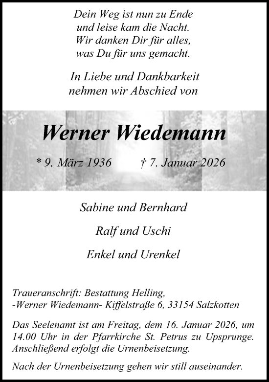 Traueranzeige von Werner Wiedemann von Neue Westfälische und Westfalen-Blatt