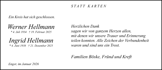 Traueranzeige von Werner und Ingrid Hellmann von Neue Westfälische und Westfalen-Blatt