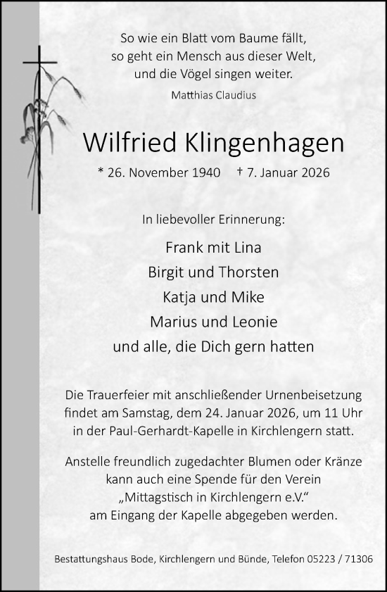 Traueranzeige von Wilfried Klingenhagen von Neue Westfälische und Westfalen-Blatt