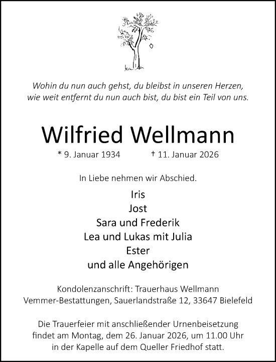 Traueranzeige von Wilfried Wellmann von Neue Westfälische und Westfalen-Blatt