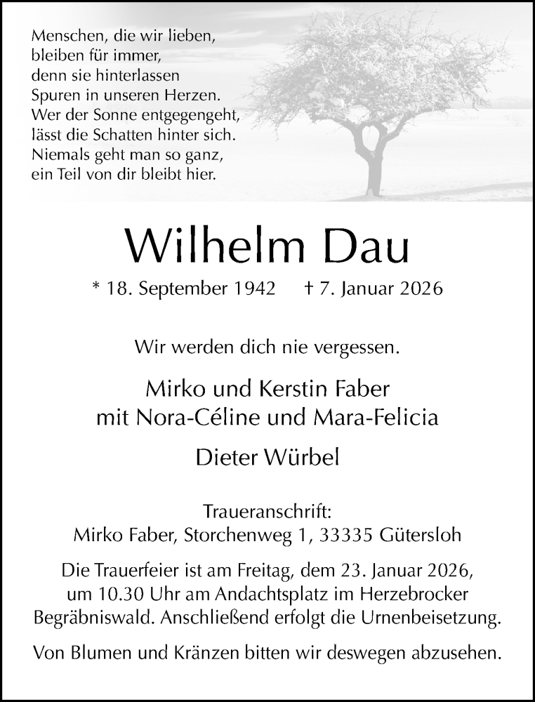  Traueranzeige für Wilhelm Dau vom 17.01.2026 aus Neue Westfälische und Westfalen-Blatt