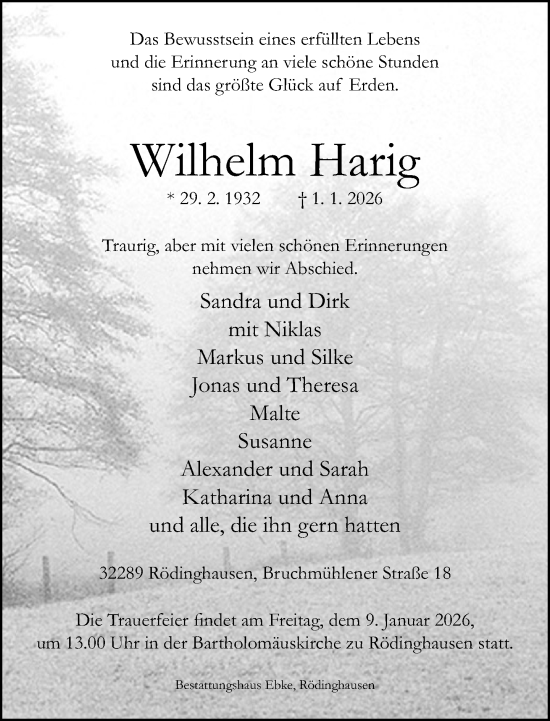 Traueranzeige von Wilhelm Harig von Neue Westfälische und Westfalen-Blatt