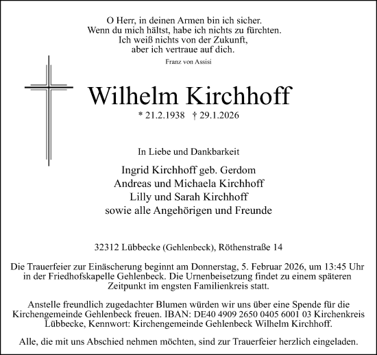 Traueranzeige von Wilhelm Kirchhoff von Neue Westfälische und Westfalen-Blatt