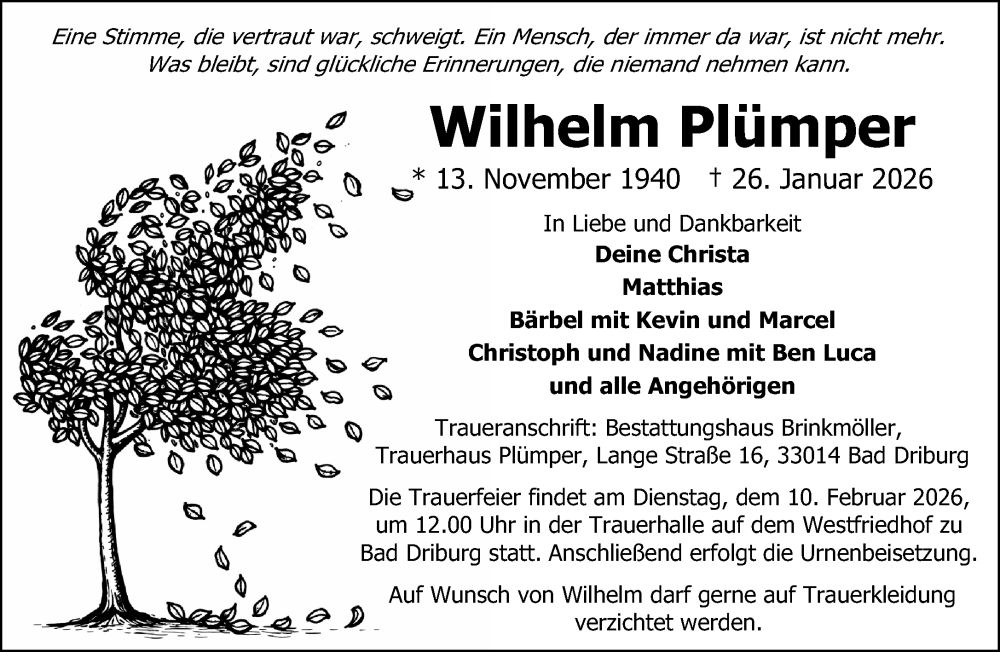  Traueranzeige für Wilhelm Plümper vom 31.01.2026 aus Neue Westfälische und Westfalen-Blatt
