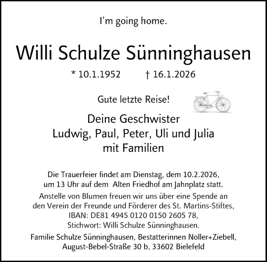 Traueranzeige von Willi Schulze Sünninghausen von Neue Westfälische und Westfalen-Blatt