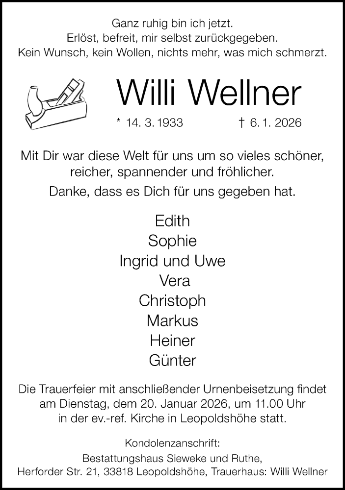  Traueranzeige für Willi Wellner vom 10.01.2026 aus Neue Westfälische und Westfalen-Blatt