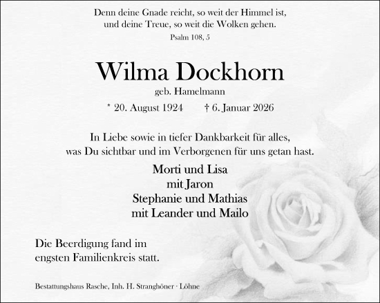 Traueranzeige von Wilma Dockhorn von Neue Westfälische und Westfalen-Blatt
