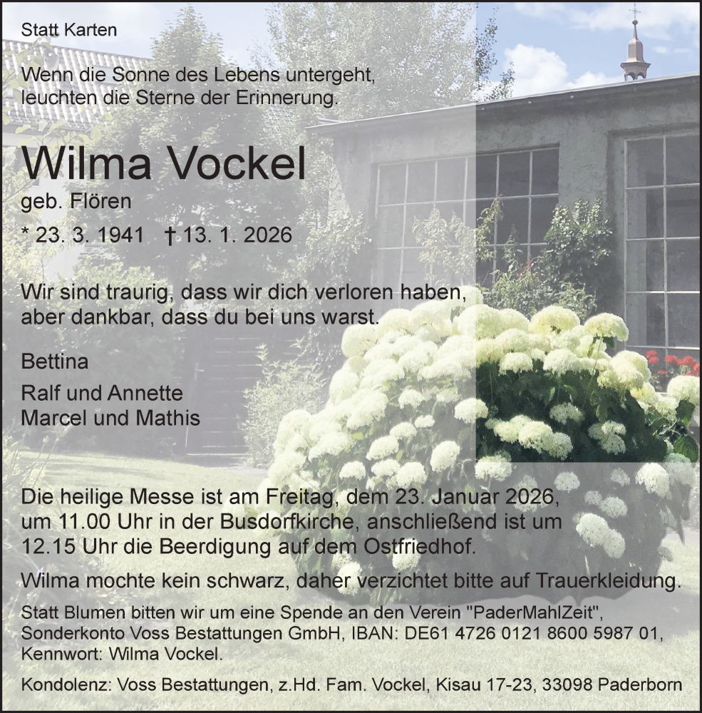  Traueranzeige für Wilma Vockel vom 17.01.2026 aus Neue Westfälische und Westfalen-Blatt