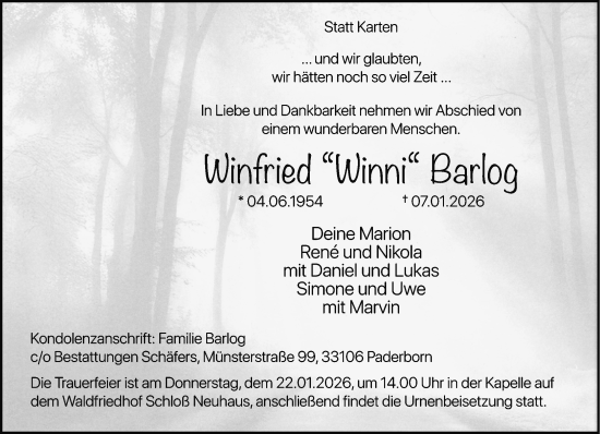 Traueranzeige von Winfried Barlog von Neue Westfälische und Westfalen-Blatt