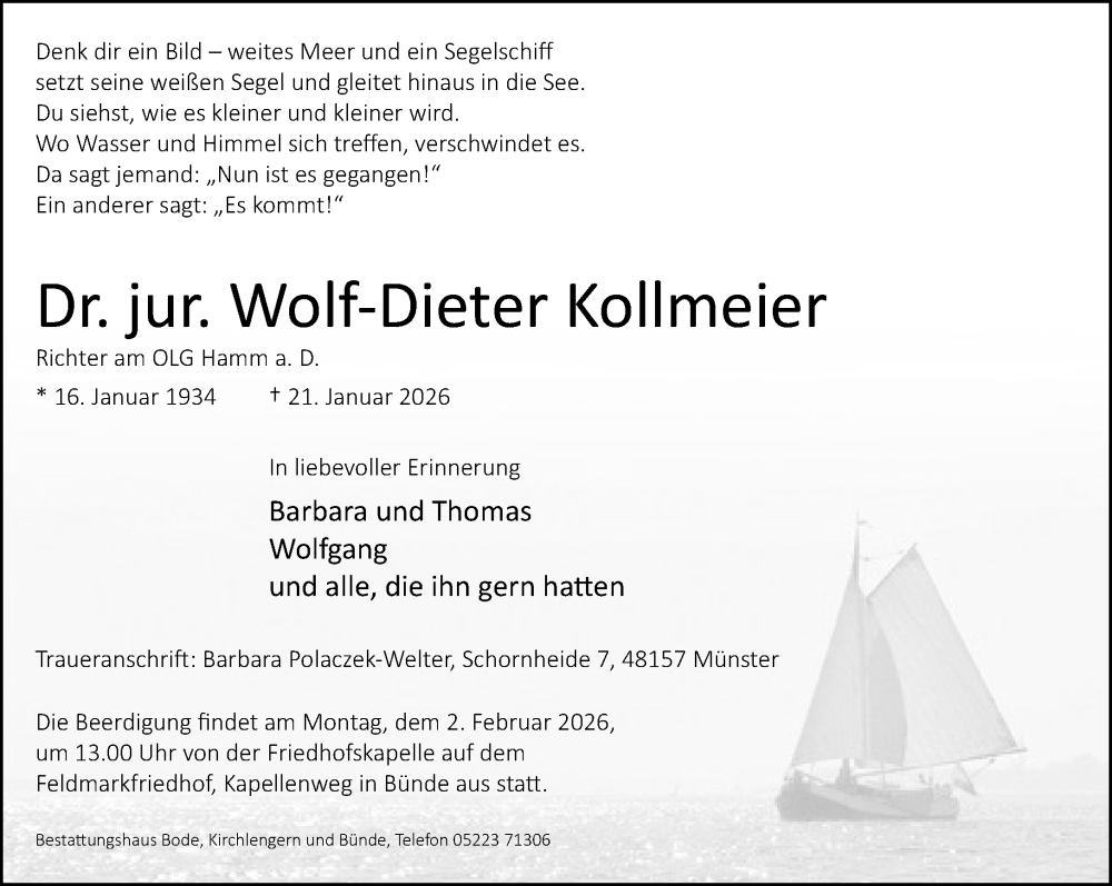  Traueranzeige für Wolf-Dieter Kollmeier vom 28.01.2026 aus Neue Westfälische und Westfalen-Blatt