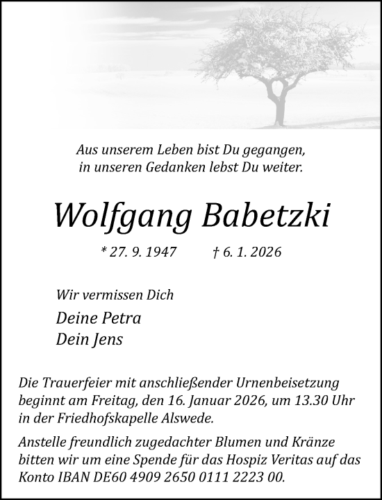 Traueranzeige von Wolfgang Babetzki von Neue Westfälische und Westfalen-Blatt