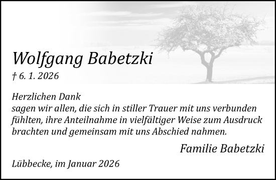 Traueranzeige von Wolfgang Babetzki von Neue Westfälische und Westfalen-Blatt