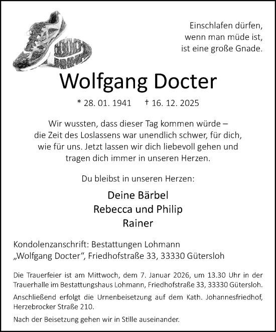Traueranzeige von Wolfgang Docter von Neue Westfälische und Westfalen-Blatt