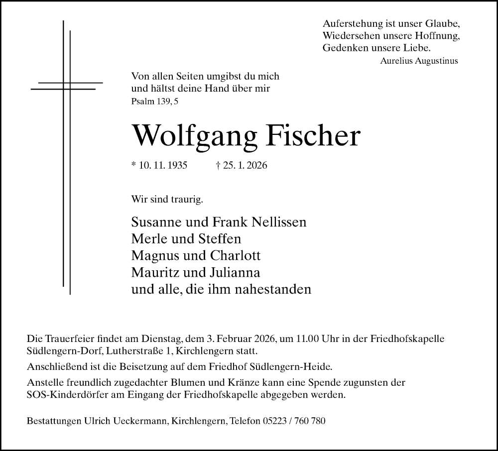  Traueranzeige für Wolfgang Fischer vom 31.01.2026 aus Neue Westfälische und Westfalen-Blatt
