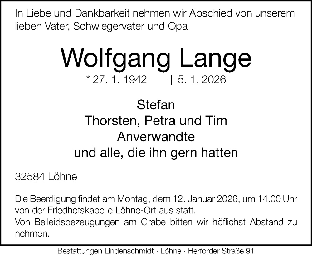  Traueranzeige für Wolfgang Lange vom 08.01.2026 aus Neue Westfälische und Westfalen-Blatt