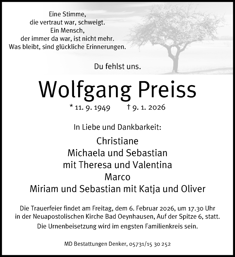  Traueranzeige für Wolfgang Preiss vom 17.01.2026 aus Neue Westfälische und Westfalen-Blatt