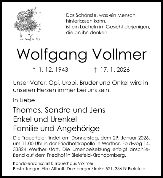 Traueranzeige von Wolfgang Vollmer von Neue Westfälische und Westfalen-Blatt