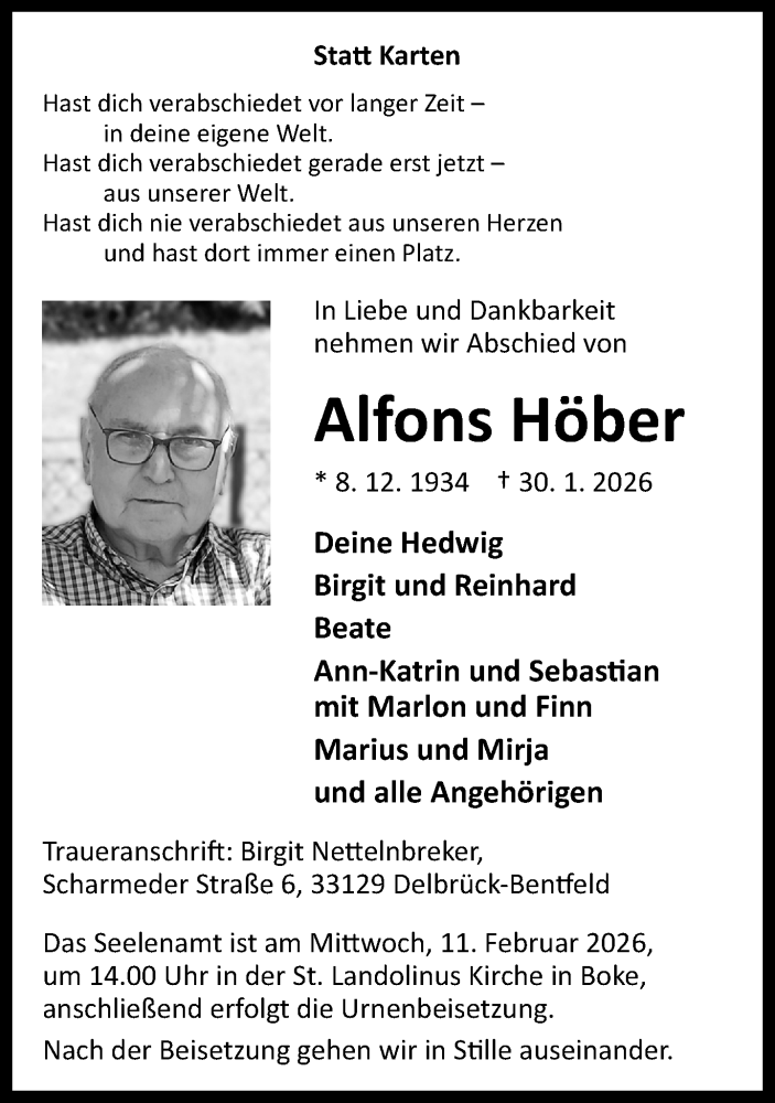  Traueranzeige für Alfons Höber vom 07.02.2026 aus Neue Westfälische und Westfalen-Blatt