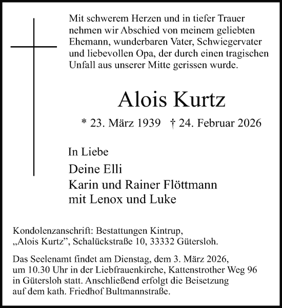 Traueranzeige von Alois Kurtz von Neue Westfälische und Westfalen-Blatt
