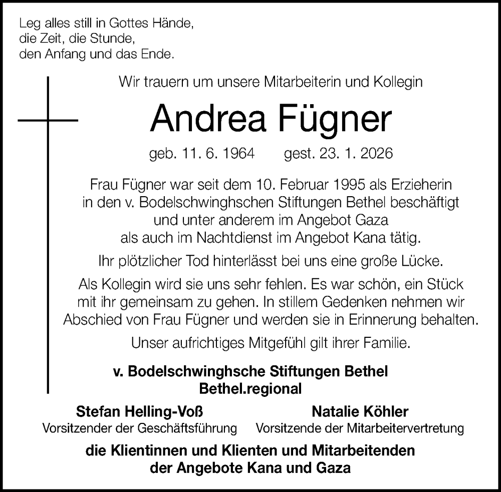 Traueranzeige für Andrea Fügner vom 07.02.2026 aus Neue Westfälische und Westfalen-Blatt