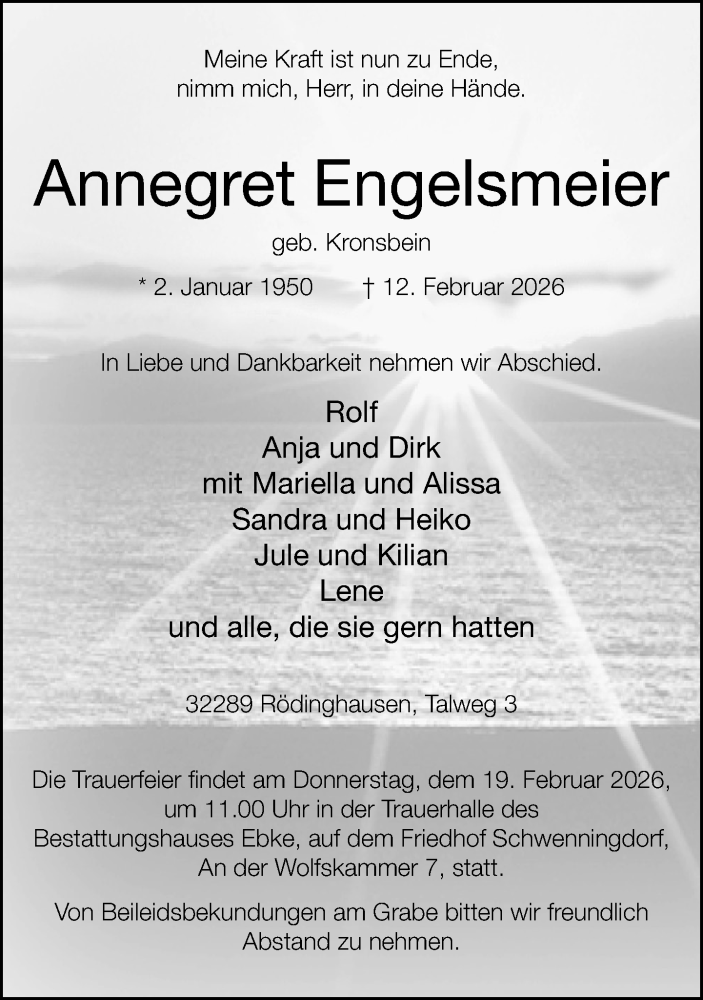  Traueranzeige für Annegret Engelsmeier vom 17.02.2026 aus Neue Westfälische und Westfalen-Blatt
