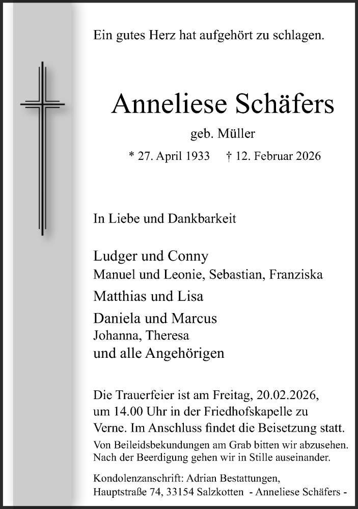  Traueranzeige für Anneliese Schäfers vom 14.02.2026 aus Neue Westfälische und Westfalen-Blatt