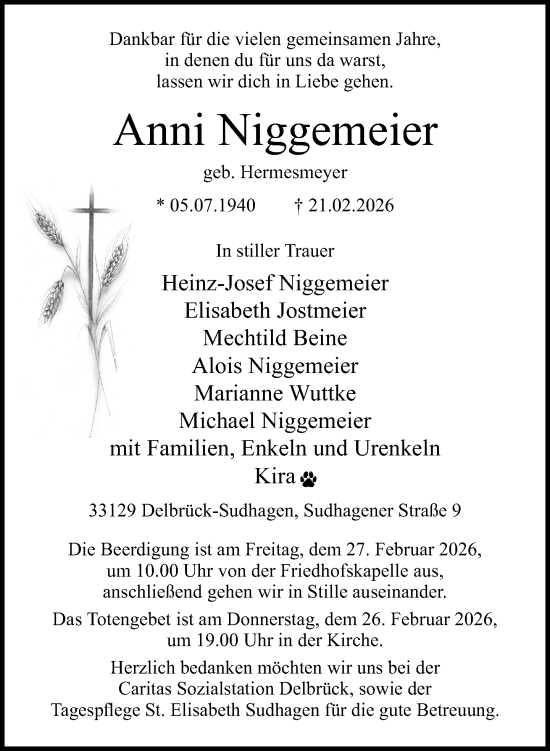 Traueranzeige von Anni Niggemeier von Neue Westfälische und Westfalen-Blatt