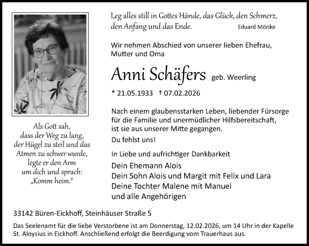  Traueranzeige für Anni Schäfers vom 10.02.2026 aus Neue Westfälische und Westfalen-Blatt