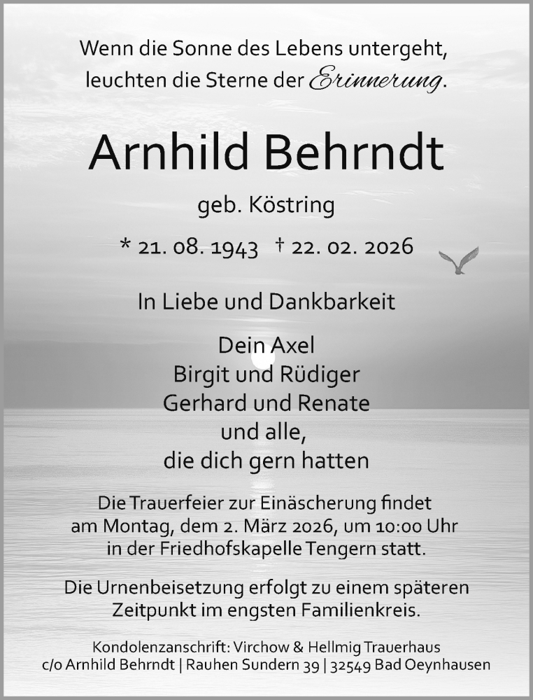  Traueranzeige für Arnhild Behrndt vom 25.02.2026 aus Neue Westfälische und Westfalen-Blatt