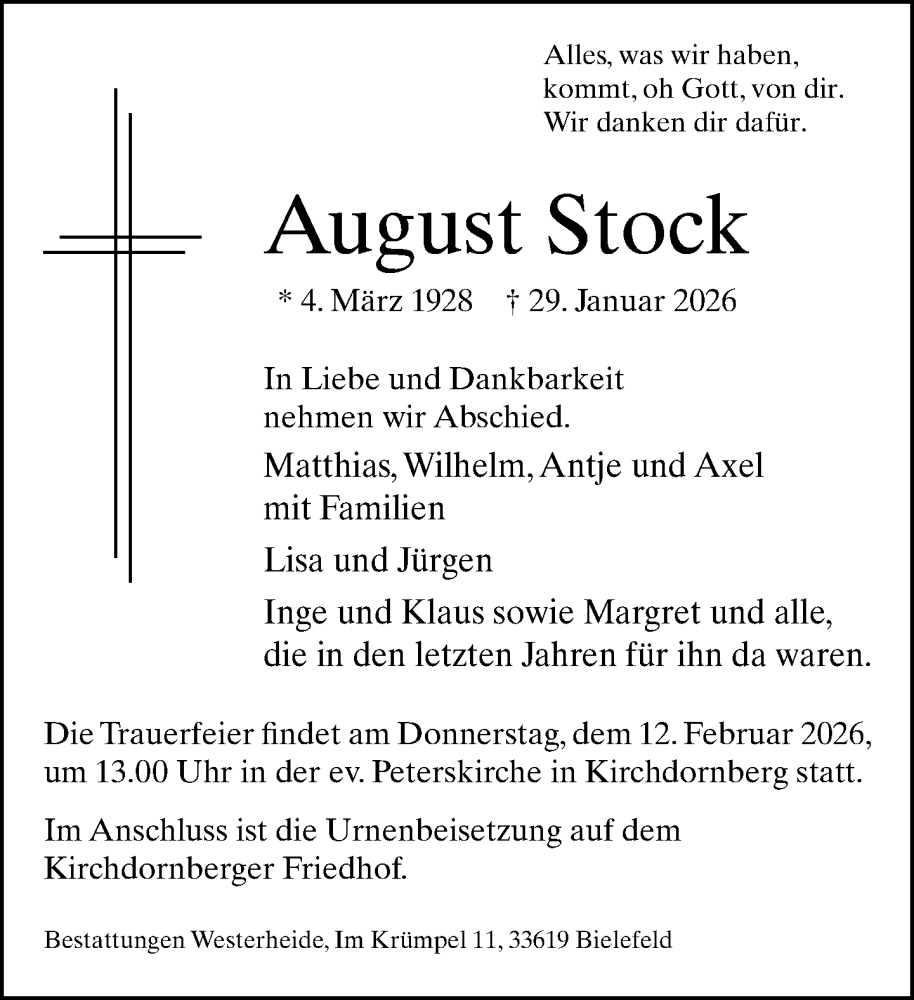  Traueranzeige für August Stock vom 07.02.2026 aus Neue Westfälische und Westfalen-Blatt