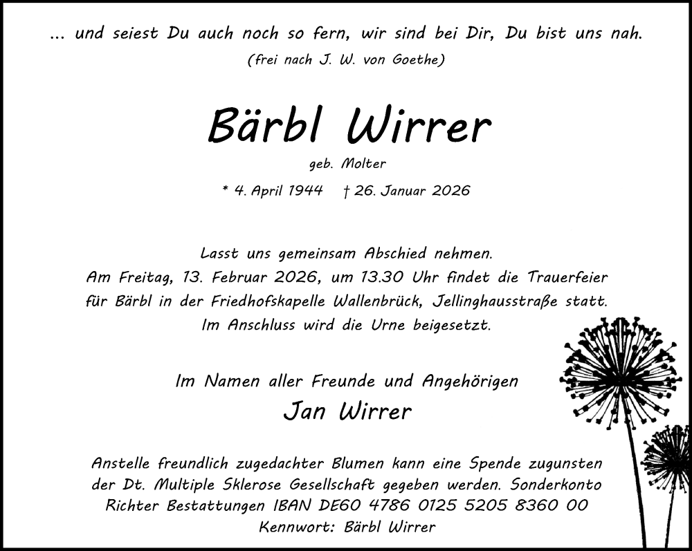  Traueranzeige für Bärbl Wirrer vom 07.02.2026 aus Neue Westfälische und Westfalen-Blatt
