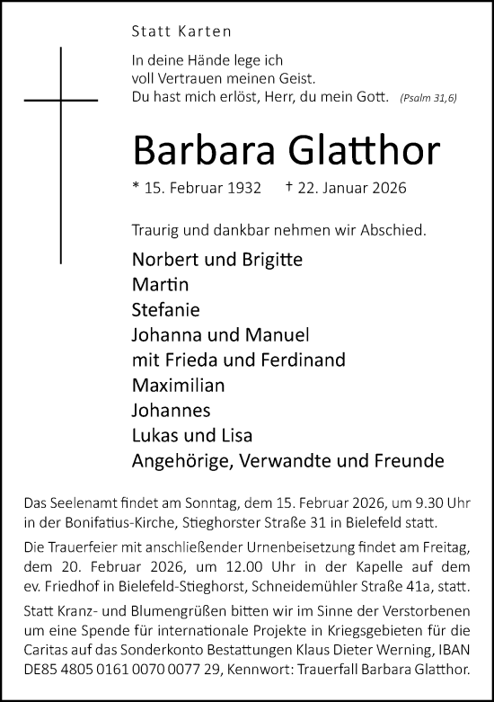 Traueranzeige von Barbara Glatthor von Neue Westfälische und Westfalen-Blatt