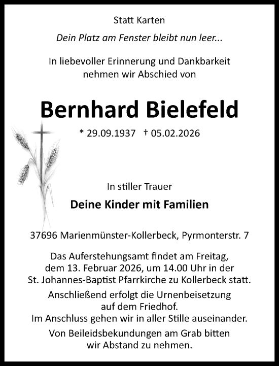 Traueranzeige von Bernhard Bielefeld von Neue Westfälische und Westfalen-Blatt
