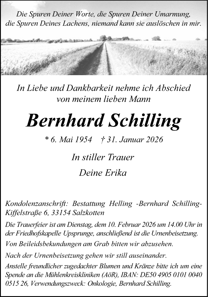  Traueranzeige für Bernhard Schilling vom 07.02.2026 aus Neue Westfälische und Westfalen-Blatt