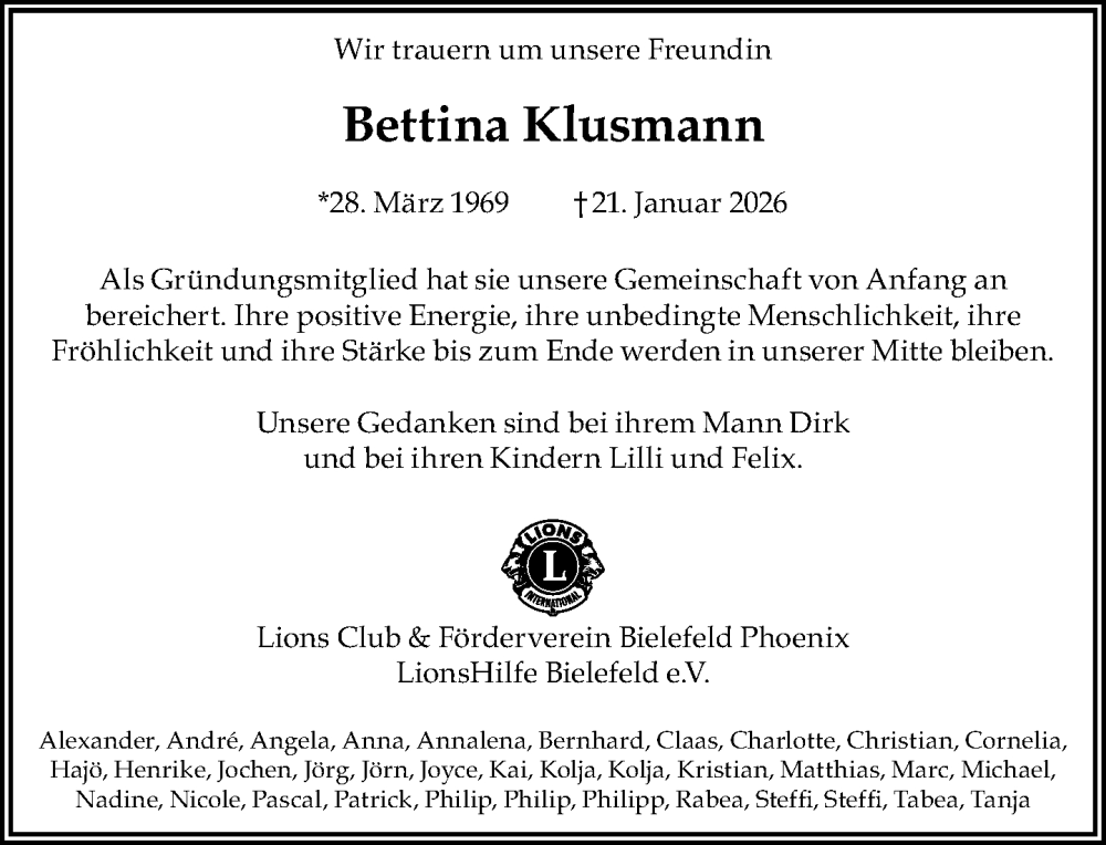  Traueranzeige für Bettina Klusmann vom 07.02.2026 aus Neue Westfälische und Westfalen-Blatt