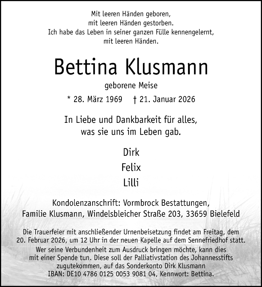 Traueranzeige für Bettina Klusmann vom 07.02.2026 aus Neue Westfälische und Westfalen-Blatt