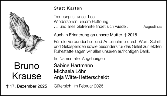 Traueranzeige von Bruno Krause von Neue Westfälische und Westfalen-Blatt