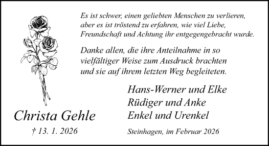 Traueranzeige von Christa Gehle von Neue Westfälische und Westfalen-Blatt