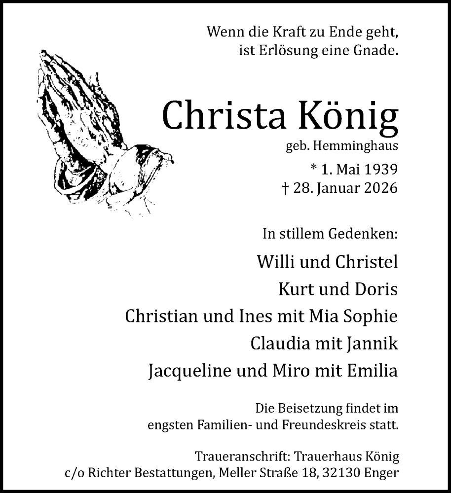  Traueranzeige für Christa König vom 07.02.2026 aus Neue Westfälische und Westfalen-Blatt
