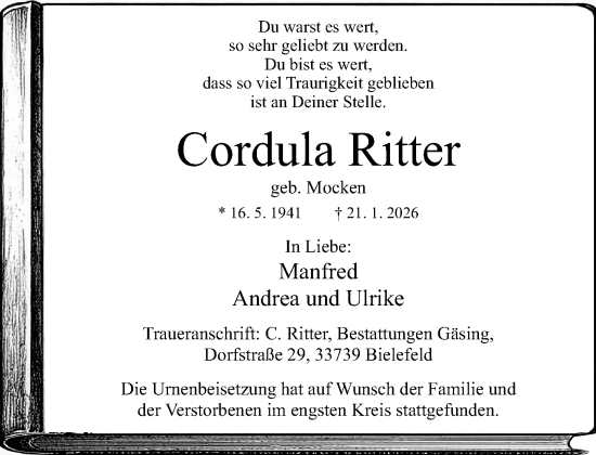 Traueranzeige von Cordula Ritter von Neue Westfälische und Westfalen-Blatt