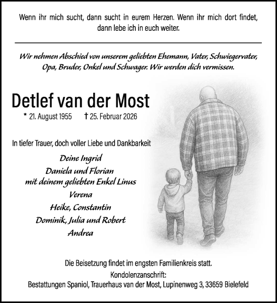 Traueranzeige von Detlef van der Most von Neue Westfälische und Westfalen-Blatt